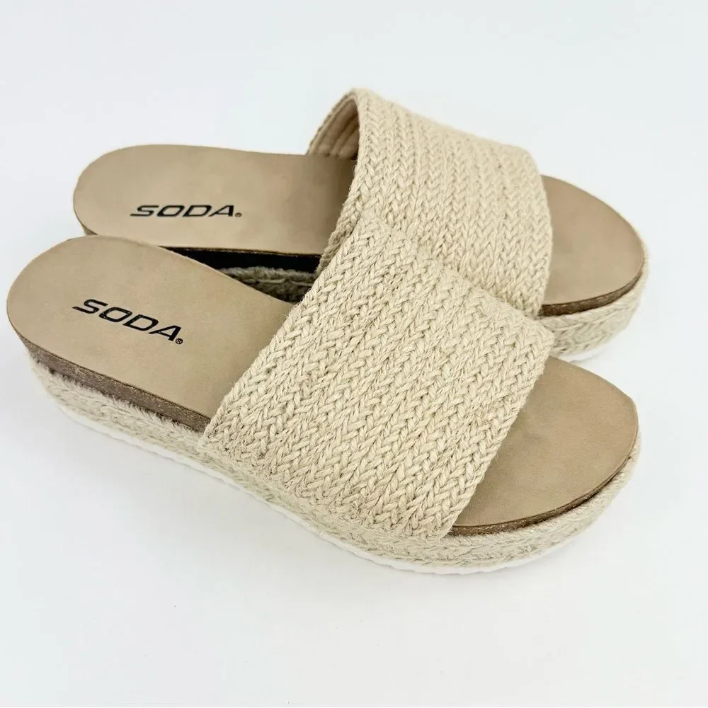 Soda PROCESS Beige Jute Open Toe Platform Espadrille Slide Sandals